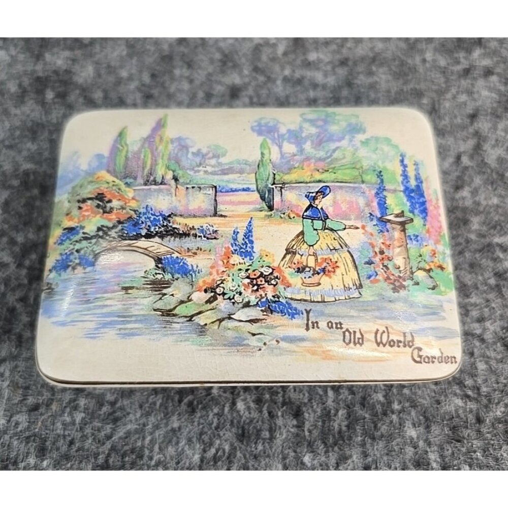 Vintage Porcelain Trinket Candy Box Sandland Ware England Ole World Garden Scene